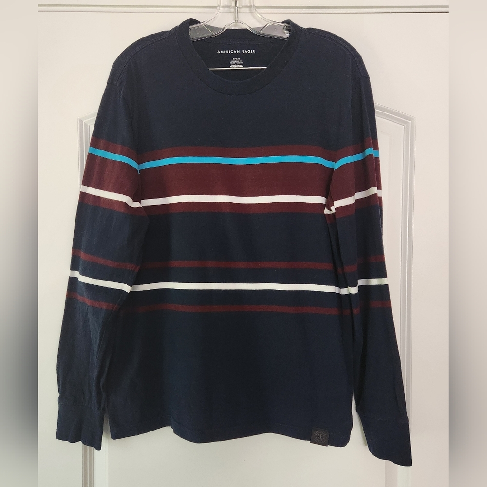 MEN'S AMERICAN EAGLE BLUE STRIPE COTTON LONG-SLEEVE T-SHIRT SIZE MEDIUM